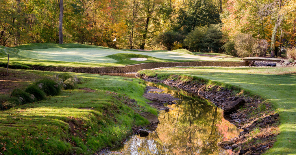 A creek guarding a green at Cobblestone Creek Country Club in Lawrenceville, New Jersey