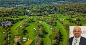 Aerial view of Rock Spring Golf Club in West Orange, New Jersey, with photo of Chris Parker