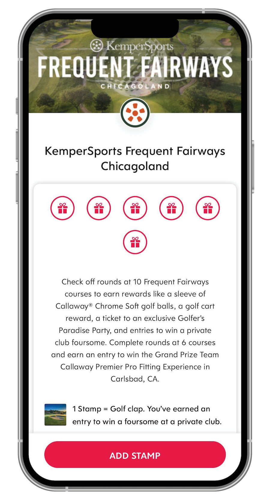 A screenshot of the homepage on the KemperSports Frequent Fairways Chicagoland app.