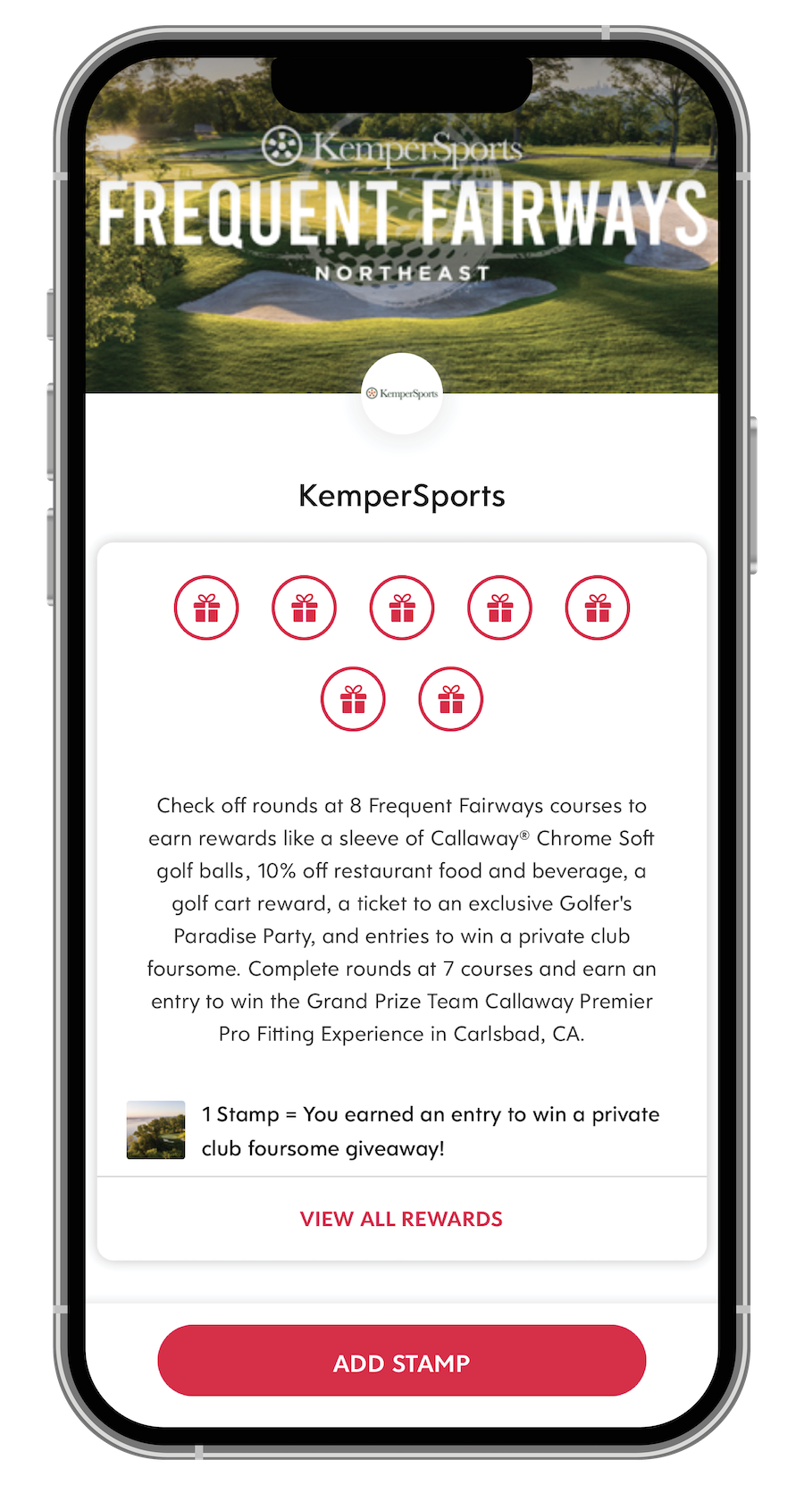 A screenshot of the homepage on the KemperSports Frequent Fairways Northeast app.