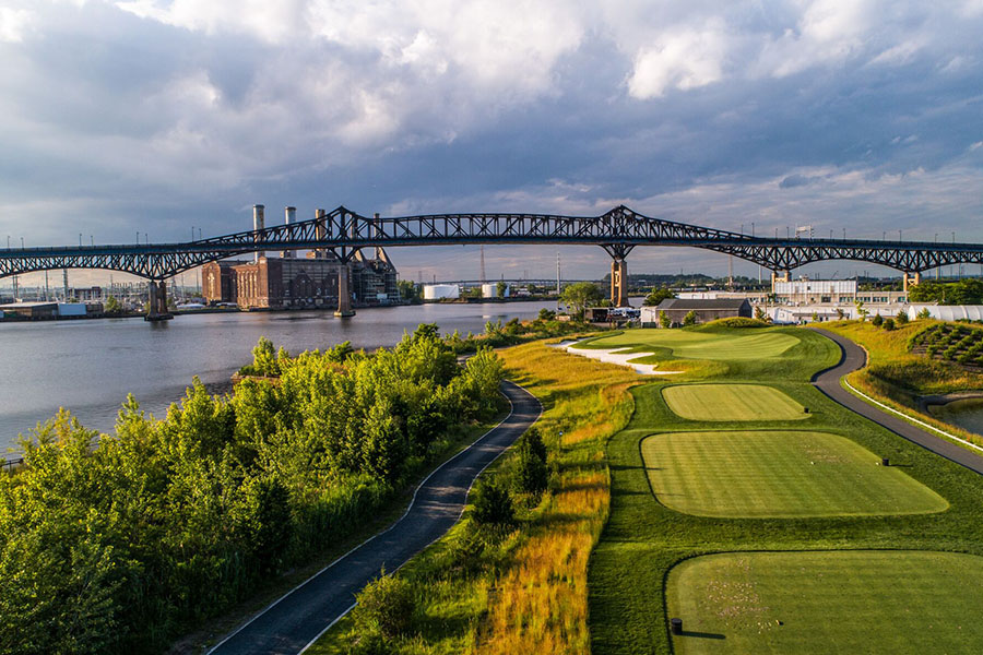 KemperSports golf course, Skyway. A view of the golf course, water and large bridge.