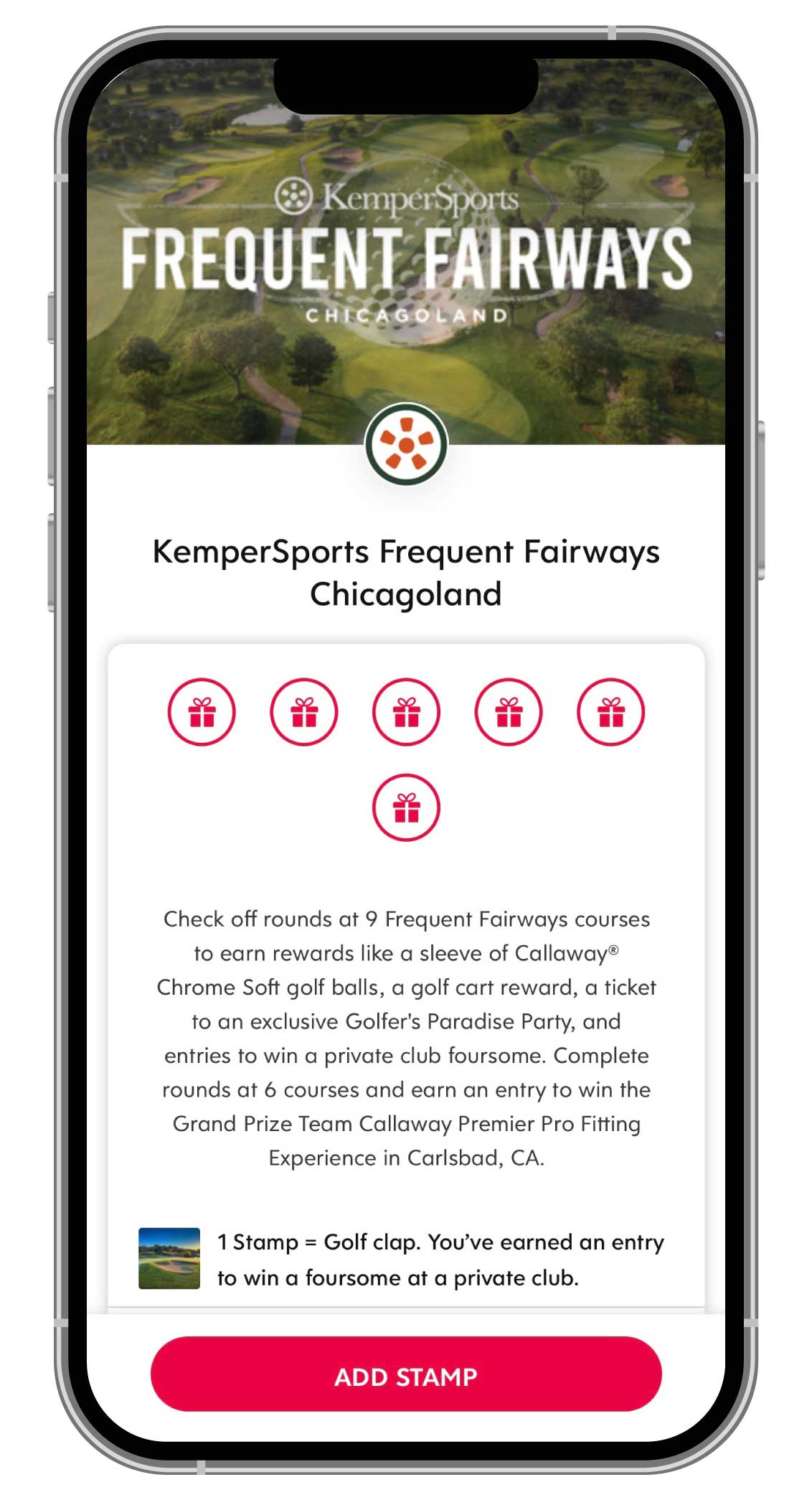 Phone mockup with a screenshot of the Frequent Fairways Chicagoland app.