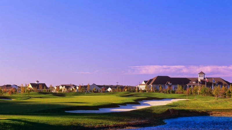 View of the Heritage Gulf Shores Golf Club and course at sunset.