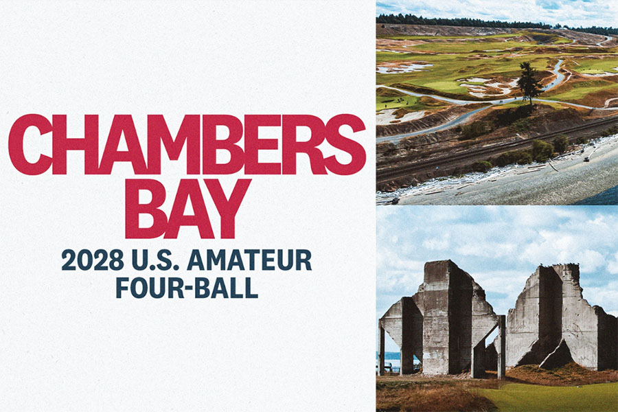 Graphic of two golf courses. Text reads, "Chambers Bay 2028 U.S. Amateur Four-Ball."