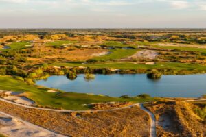 Aerial view of Streamsong Red, one of the golf resort's three golf courses you could win a round to through KemperSports' Hole-In-One Promotion.